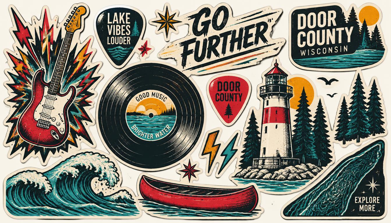 Custom die-cut stickers featuring an electric guitar, lightning bolts, a vinyl record, a lighthouse, lake waves, pines, a canoe, and hand-lettered travel artwork